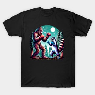 Bigfoot and Racoon Boxing, Funny Woodland Creature Sci-Fi T-Shirt